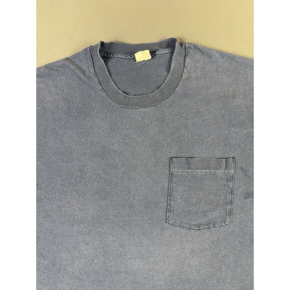 Rare Vintage 90s Blank Navy Blue Pocket Shirt Single Stitch Fruit Of The Loom - Picture 3 of 10